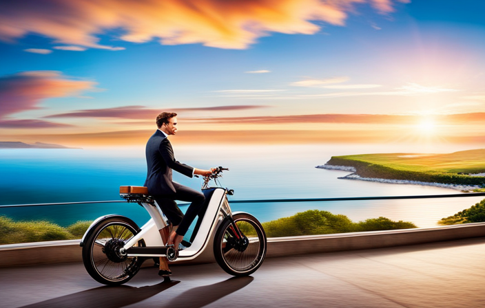 An image showcasing a sleek electric bike gliding effortlessly along a scenic coastal road, surrounded by lush greenery and breathtaking ocean views, highlighting the bike's efficiency and eco-friendliness