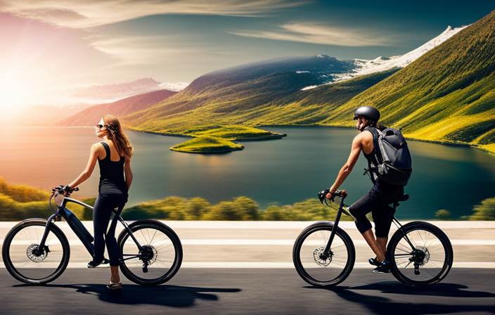 An image capturing the exhilarating speed of an electric bike ride, with the cyclist zipping through a picturesque landscape, showcasing the perfect balance between leisurely cruising and thrilling acceleration