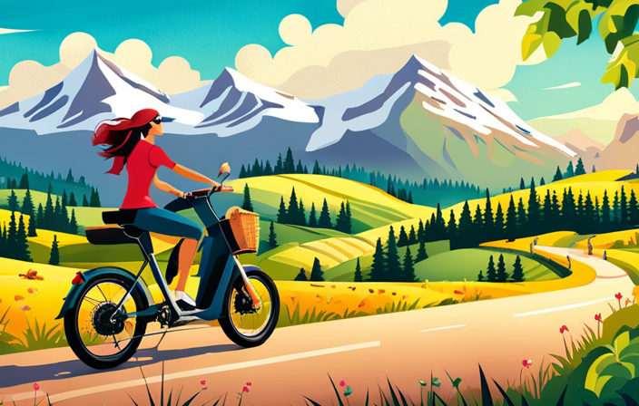 An image showcasing a panoramic landscape with a stunning electric bike cruising effortlessly on a sunlit road, surrounded by vibrant greenery, emphasizing the bike's impressive mileage potential