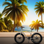 An image showcasing a sleek electric bike effortlessly gliding along a sun-kissed California beachside bike path, surrounded by palm trees and a gentle ocean breeze, epitomizing the exhilarating speed of an electric bike in California
