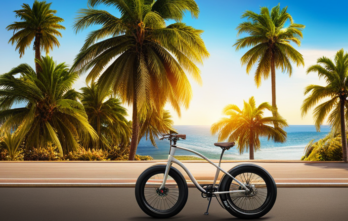 An image showcasing a sleek electric bike effortlessly gliding along a sun-kissed California beachside bike path, surrounded by palm trees and a gentle ocean breeze, epitomizing the exhilarating speed of an electric bike in California