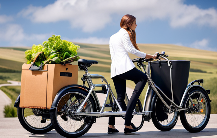 An image that showcases a sturdy electric bike with a robust cargo rack, laden with a diverse array of heavy items such as groceries, a toolbox, a large potted plant, and a backpack, demonstrating its impressive weight-carrying capabilities