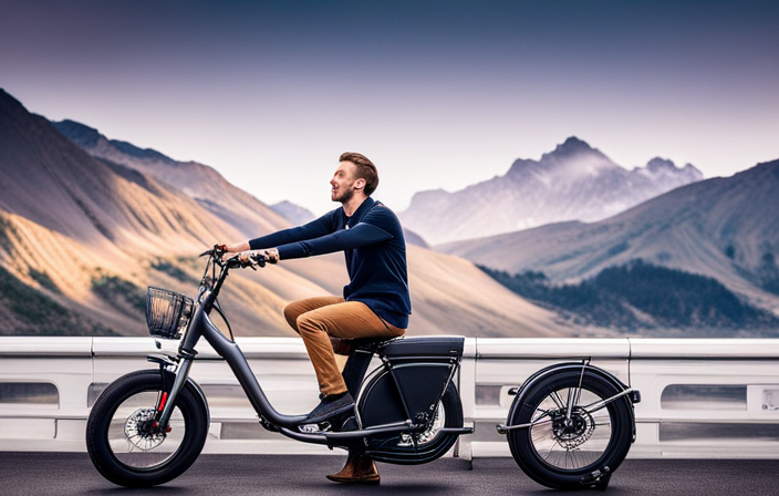 An image showcasing a sleek electric bike with a 160-pound person effortlessly cruising up a steep hill