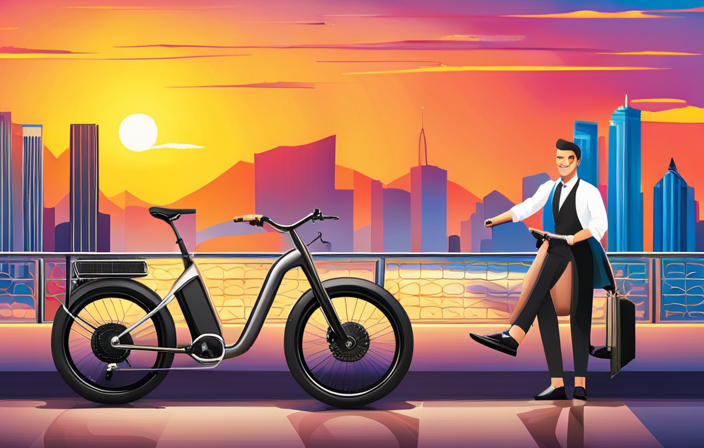 An image showcasing a sleek, modern electric bike against a vibrant cityscape backdrop
