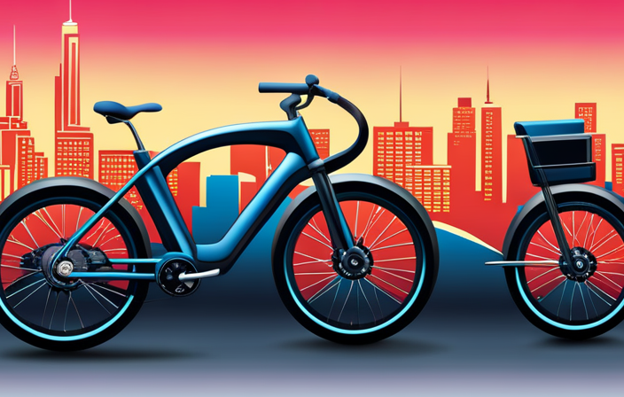 An image of a sleek, modern electric bike against a vibrant city backdrop