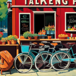 An image that showcases a colorful array of bike trailers parked outside a bustling bike shop