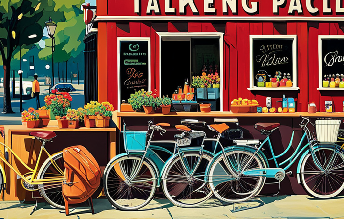 An image that showcases a colorful array of bike trailers parked outside a bustling bike shop