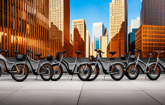 An image featuring a vibrant cityscape backdrop, with a row of sleek and modern electric bikes lined up in front