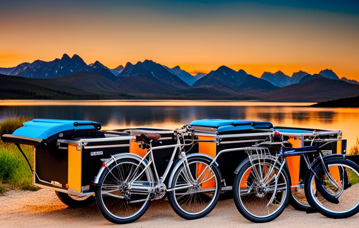 An image showcasing a diverse array of used bike trailers lined up for sale, each displaying price tags prominently