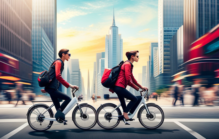An image showcasing a sleek electric bike gliding effortlessly through a bustling city street