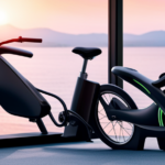 An image showcasing an electric bike connected to a charging station, with a clear view of the charging cable plugged into the bike's battery
