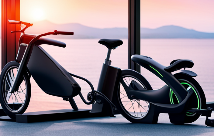 An image showcasing an electric bike connected to a charging station, with a clear view of the charging cable plugged into the bike's battery