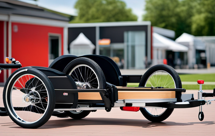 An image showcasing a variety of bike trailers, ranging from sleek and modern designs to sturdy and practical models, all neatly displayed with price tags, inviting readers to explore the cost of these essential biking accessories