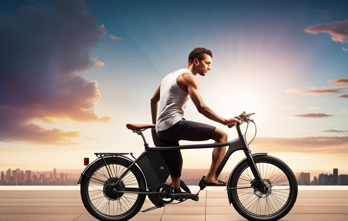 An image showcasing a sleek electric bike against a vibrant cityscape backdrop, capturing its cutting-edge design, advanced technology, and eco-friendly features