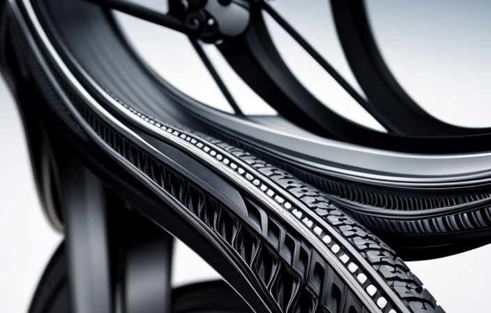 An image showcasing a close-up view of a high-quality bicycle tire, highlighting its intricate pattern of deep treads and durable rubber compound