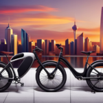 An image showcasing a sleek electric bicycle against a backdrop of a vibrant city skyline