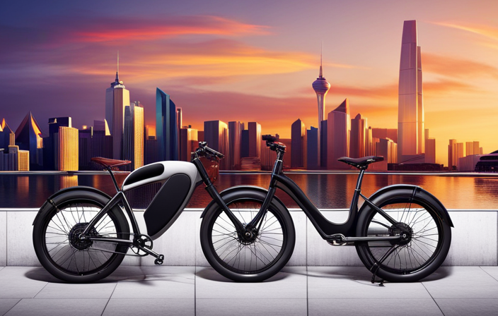 An image showcasing a sleek electric bicycle against a backdrop of a vibrant city skyline