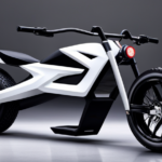An image showcasing a sleek electric dirt bike with a futuristic design, featuring vibrant colors and dynamic lines