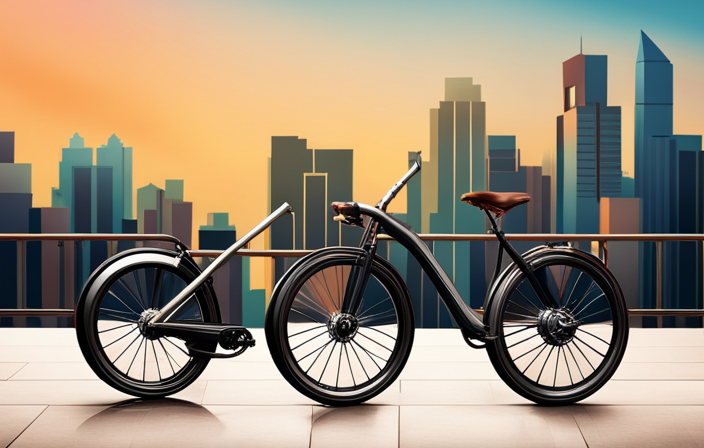 An image showcasing a sleek, electric hybrid bike with a vibrant color palette, set against a backdrop of a bustling urban cityscape