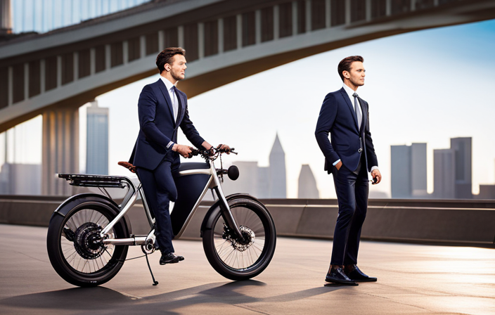 An image showcasing a sleek electric bike against a vibrant cityscape backdrop, with the bike's cutting-edge features highlighted - a powerful motor, long-lasting battery, advanced suspension system, and premium components