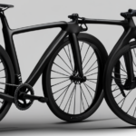 An image showcasing a sleek, lightweight gravel bike suspended in mid-air, casting a shadow on a scale below