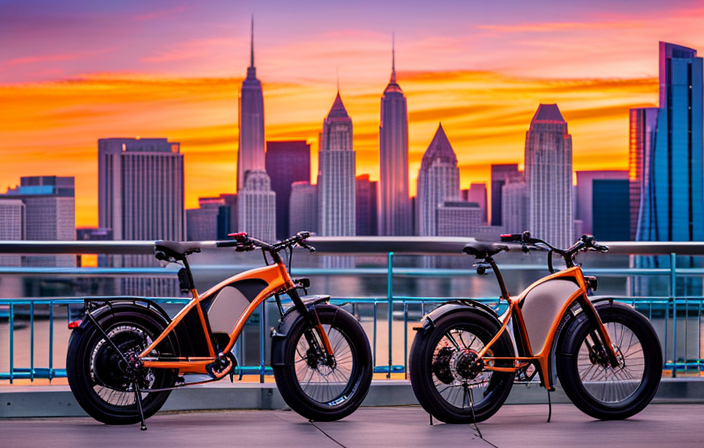 An image showcasing a sleek Pedego electric bike against a vibrant city backdrop, highlighting its premium features like a powerful motor, reliable battery, adjustable seat, and intuitive controls, reflecting its value and quality