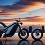 An image showcasing a sleek Sur Ron electric bike, resplendent in its metallic frame and futuristic design, surrounded by a backdrop depicting an urban landscape dotted with charging stations and price tags