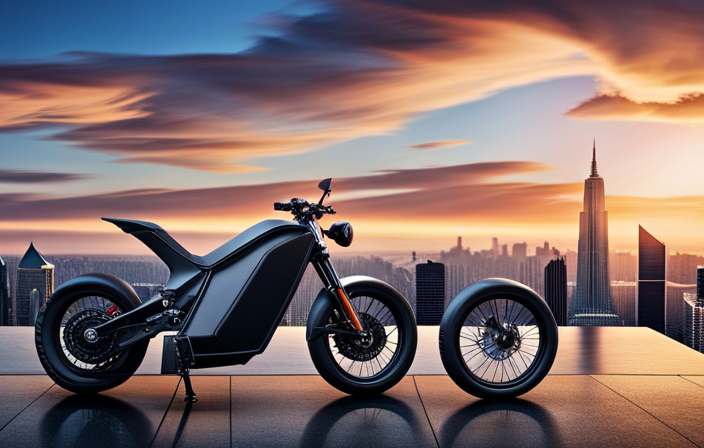 An image showcasing a sleek Sur Ron electric bike, resplendent in its metallic frame and futuristic design, surrounded by a backdrop depicting an urban landscape dotted with charging stations and price tags