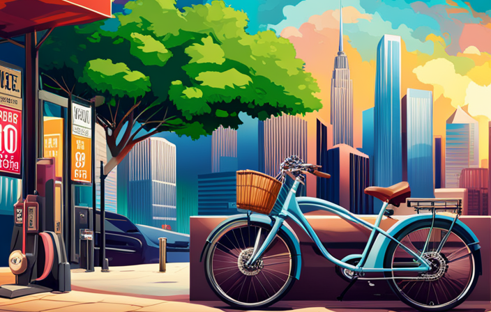 An image showcasing a vibrant, urban landscape with an electric bike parked under a tree
