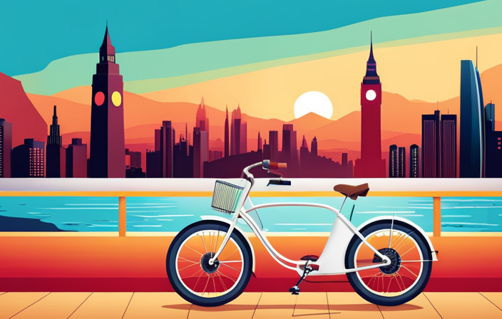 An image showcasing a sleek electric bike against a vibrant backdrop of the UK's iconic landmarks