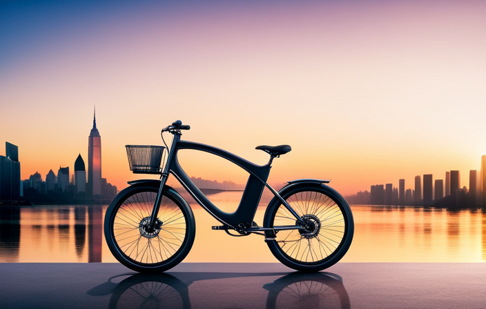An image showing a sleek electric bike against a backdrop of a city skyline at sunset