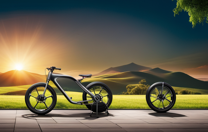 An image showcasing a sleek, modern electric bike with a price tag displayed prominently, surrounded by vibrant, green landscapes