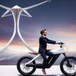 An image showcasing a sleek, modern electric bike suspended in mid-air, emphasizing its lightweight design