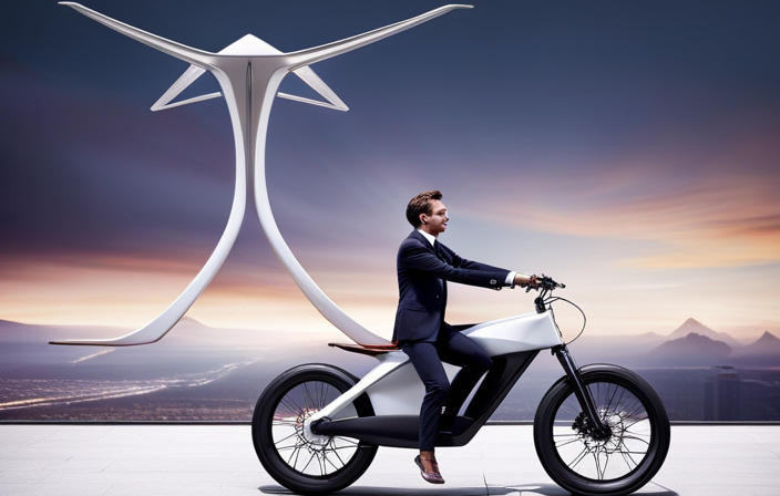 An image showcasing a sleek, modern electric bike suspended in mid-air, emphasizing its lightweight design