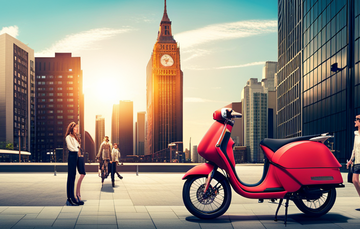 An image showcasing a sleek electric bike parked in a vibrant urban setting, surrounded by various insurance policy options displayed on billboards, each featuring price tags to visually convey the range of costs associated with electric bike insurance