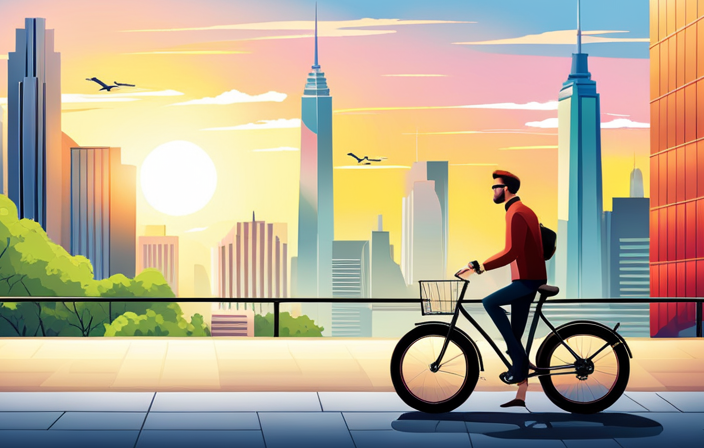 An image showcasing a sleek, modern electric hybrid bike parked against a vibrant city backdrop