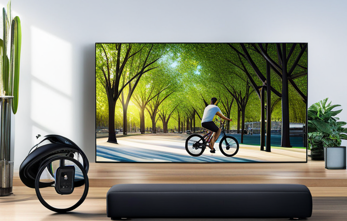 An image depicting a scenic park with a cyclist plugging an electric bike into a charging station, showcasing the lush greenery, clear blue skies, and the intricate design of the charging port