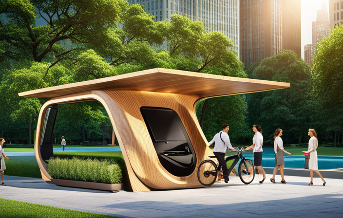 An image showcasing an electric bike charging station with a futuristic design, featuring sleek solar panels on the roof, multiple charging ports, and a vibrant display showing the cost per charge, all against a backdrop of lush greenery