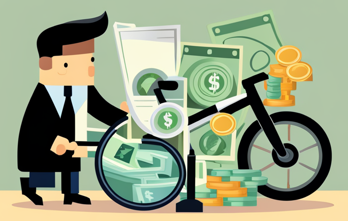 An image featuring a sleek electric bike parked beside a stack of dollar bills, symbolizing insurance costs