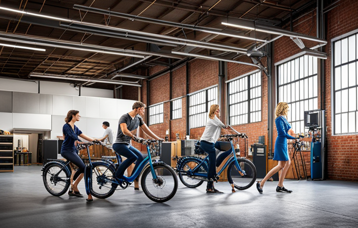 An image showcasing a meticulously designed factory floor filled with cutting-edge machinery and skilled technicians meticulously assembling a Pedego Electric Bike, highlighting the intricate process involved in its manufacture and the attention to detail behind its cost