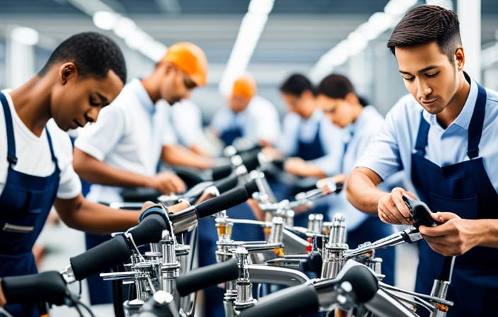 An image featuring a close-up shot of an assembly line in a sleek factory, showcasing workers meticulously assembling components of an electric bike, surrounded by cutting-edge machinery and tools