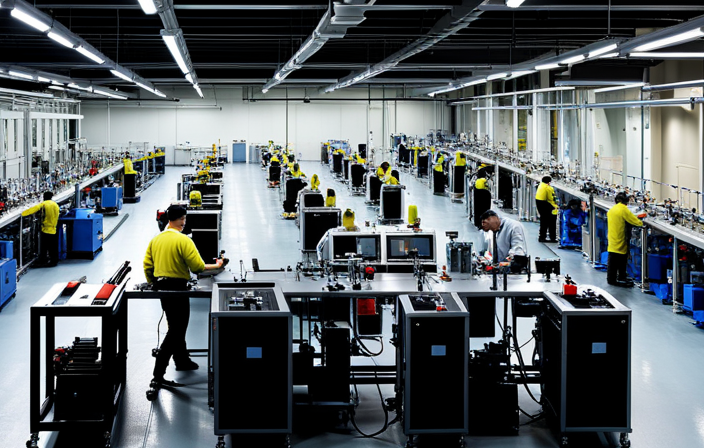 An image depicting a modern factory floor with workers assembling electric bike components