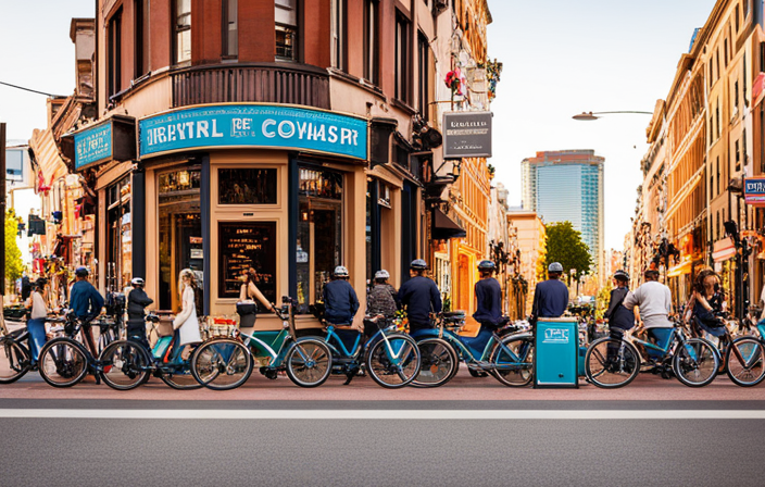 An image showcasing an urban street scene with a vibrant electric bike rental shop at the forefront, adorned with a price board displaying rental costs, surrounded by happy cyclists enjoying their rides