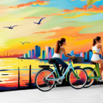 An image depicting a vibrant cityscape with people riding electric Lime bikes along a scenic waterfront, showcasing the diversity of riders and the seamless integration of these eco-friendly vehicles into the urban environment