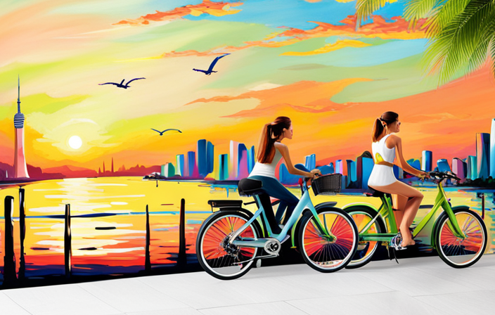 An image depicting a vibrant cityscape with people riding electric Lime bikes along a scenic waterfront, showcasing the diversity of riders and the seamless integration of these eco-friendly vehicles into the urban environment