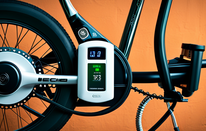 An image showcasing a close-up of an electric bike's charging port, with a power meter displaying the cost per kilowatt-hour, surrounded by a variety of charging cables and adapters, illustrating the expenses involved in running an electric bike