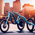 An image that depicts a close-up of an electric bike's charging station, showing vibrant blue energy flowing from an outlet to the bike's battery, set against a backdrop of a sunny city street bustling with cyclists