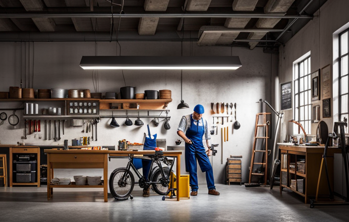 An image showcasing a skilled technician in a well-equipped workshop, meticulously inspecting an electric bike's battery, motor, and wiring, surrounded by various tools, spare parts, and diagnostic equipment