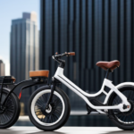 An image showcasing a sleek electric bike parked near a price tag, reflecting a vibrant cityscape backdrop