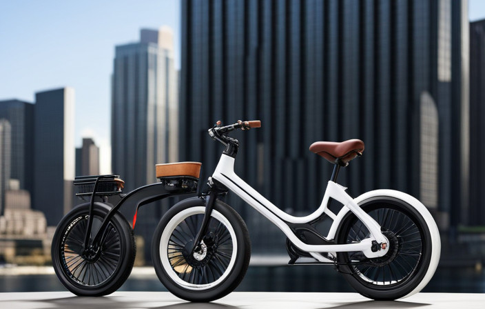 An image showcasing a sleek electric bike parked near a price tag, reflecting a vibrant cityscape backdrop